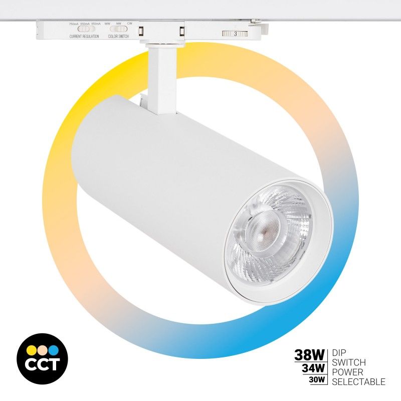 Foco LED para carril trifásico - Potencia regulable: 30W/ 34W/ 38W - CCT - CRI 90