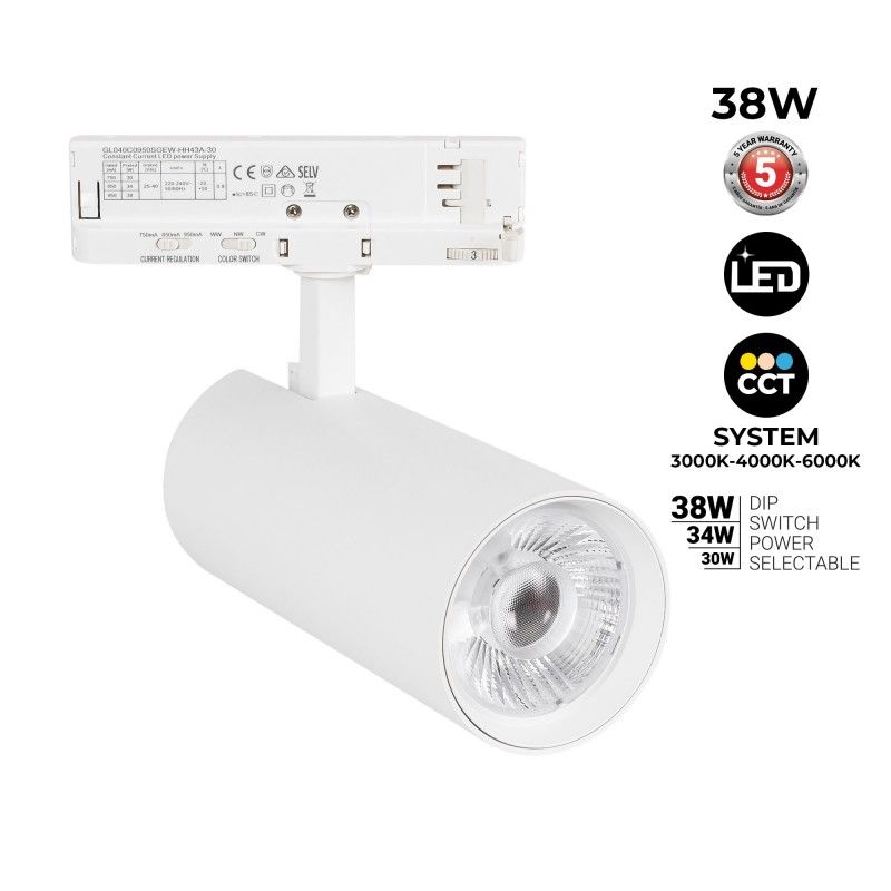 Foco LED para carril trifásico - Potencia regulable: 30W/ 34W/ 38W - CCT - CRI 90