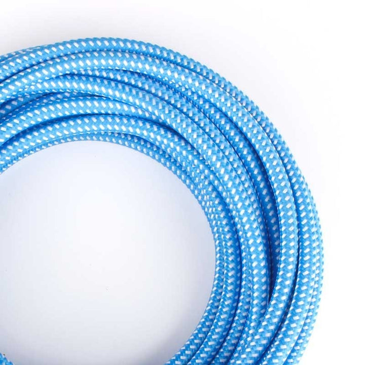 Câble électrique rond enrobé d'un tissu effet soie de couleur bleue et blanche