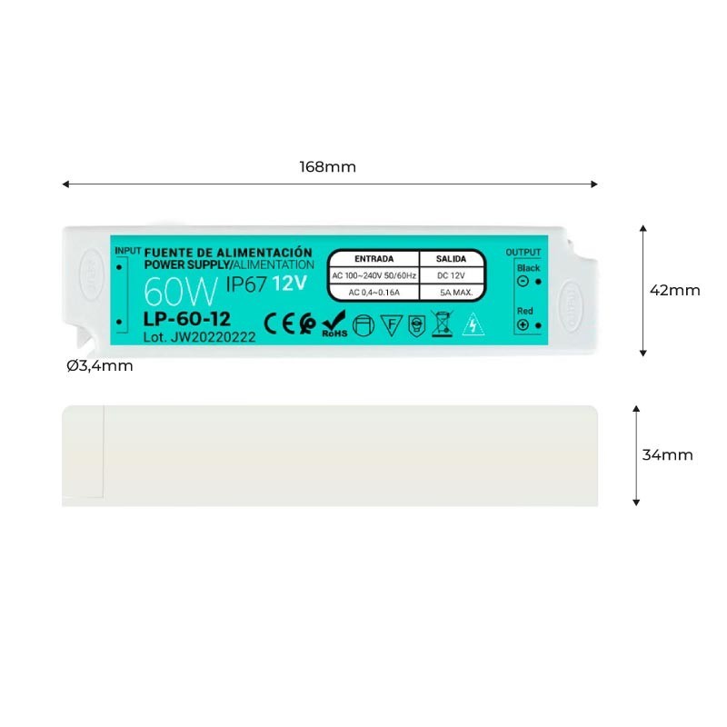 Fuente de alimentación impermeable IP67 12V 60W