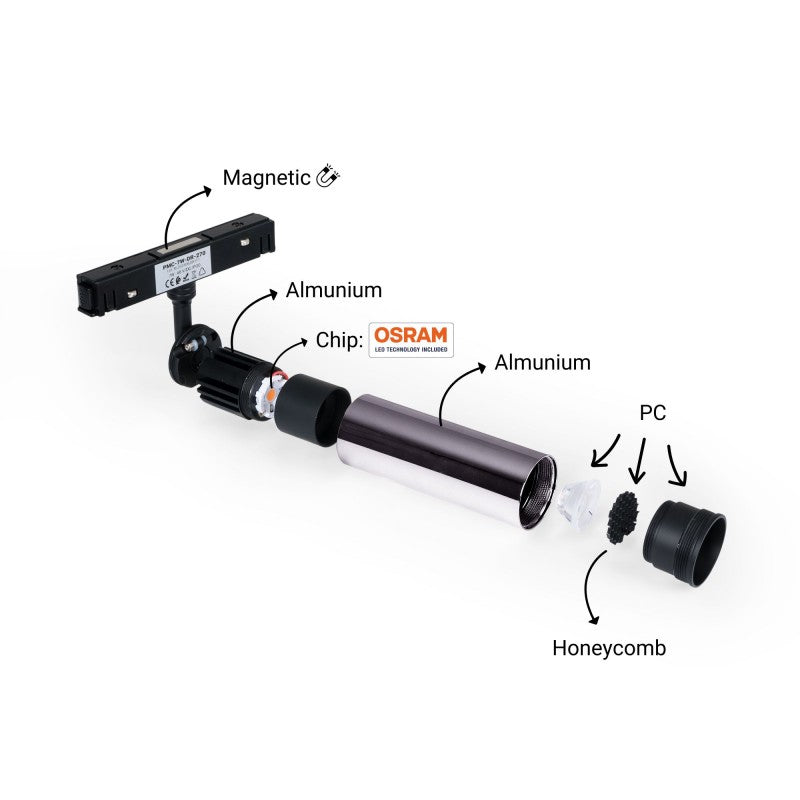 Spot LED pour rail magnétique 48V - 7W - Puce OSRAM - 2700K - Couleurs