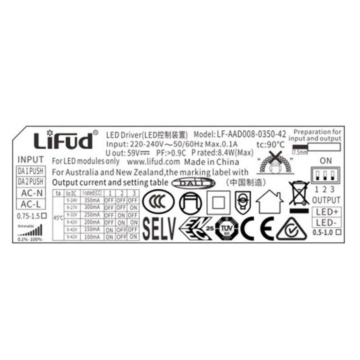 Driver LIFUD courant constant dimmable DALI et PUSH 100-350mA 9-42VDc 8W