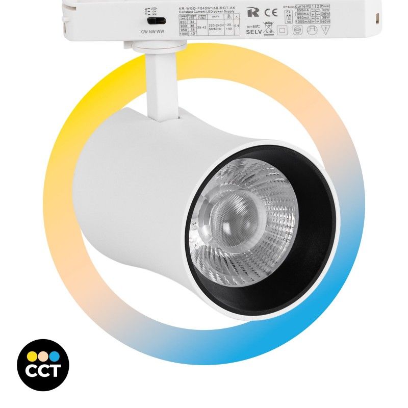 Proyector LED arquitectónico para carril monofásico - CCT - 40W - CRI 90