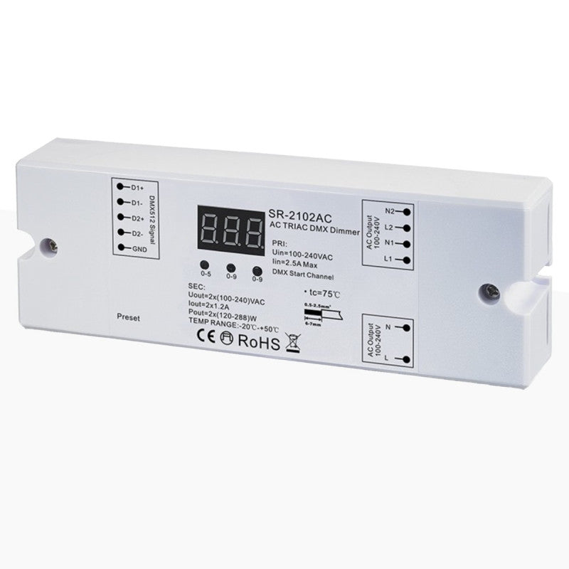 Contrôleur AC TRIAC monochrome - DMX Dimmer - 2 canaux 1,2A/ch - 100-240V - Sunricher