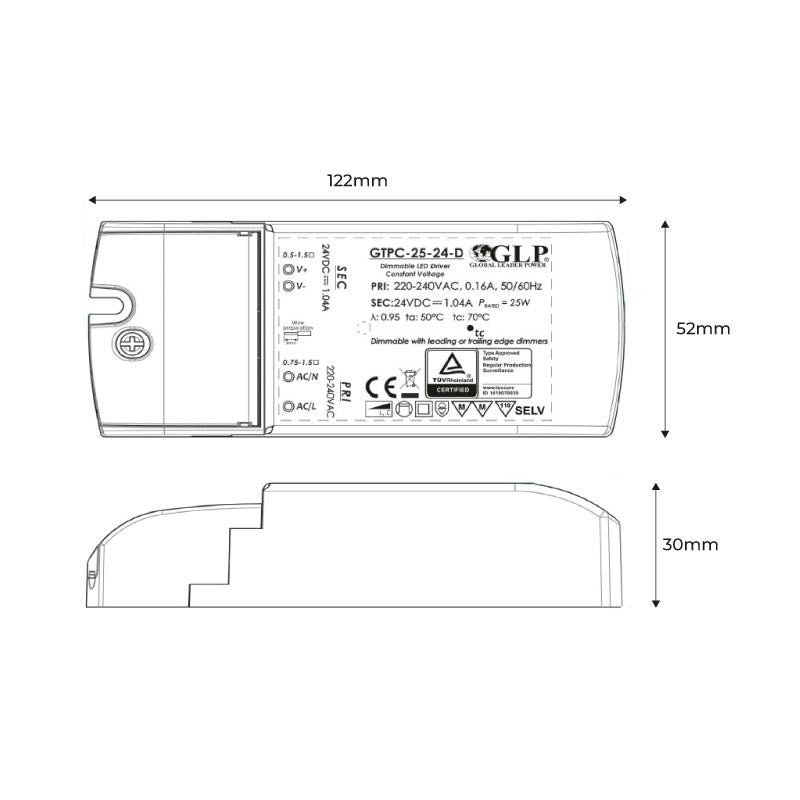 Fuente de alimentación LED regulable por triac de 25 W y 12 V - GLP