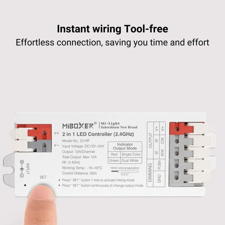 Controlador de tira LED 2 en 1 - Monocromo - CCT - 12/24 V CC - 2,4 GHz - MiBoxer - E2-RF