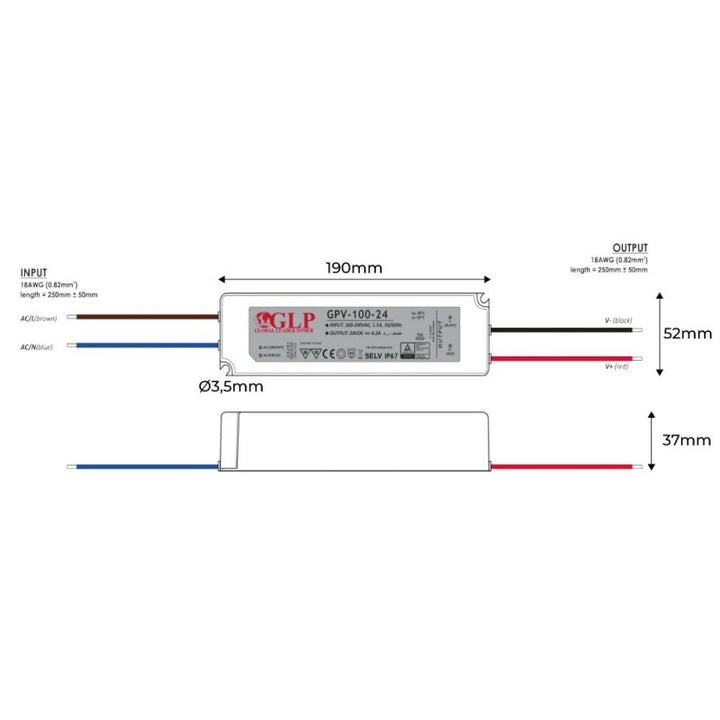 Fuente de alimentación LED impermeable 24V DC - 100W - IP67 - GLP