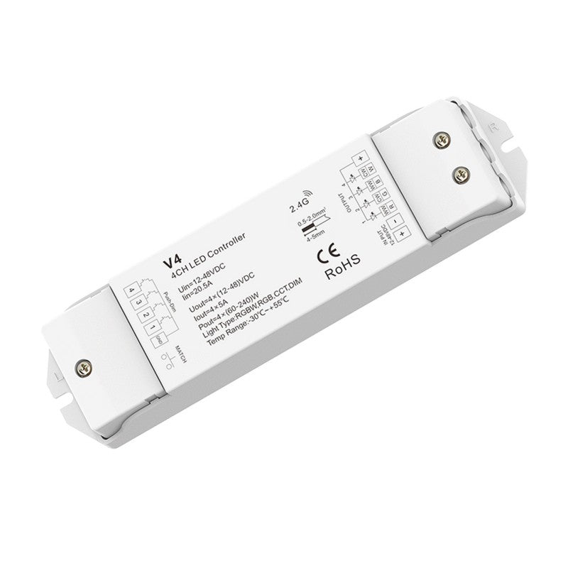 Controlador dimmer RGBW / RGB / CCT / monocromo 12-48V DC - 20A (5A/canal) - RF 2.4G - Dimmer PUSH - Skydance