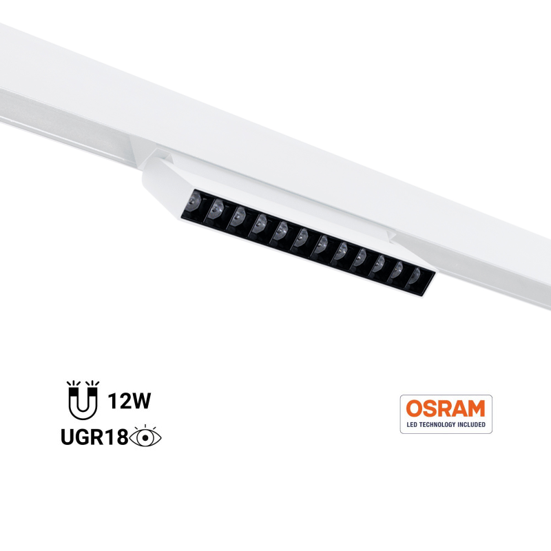 Foco lineal orientable para carril magnético 48V - 12W - 4000K - Chip OSRAM - UGR18 - Blanco