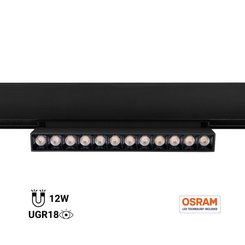 Foco LED lineal orientable sobre carril magnético 48V - 12W - 4000K - Chip OSRAM - UGR18 - Negro