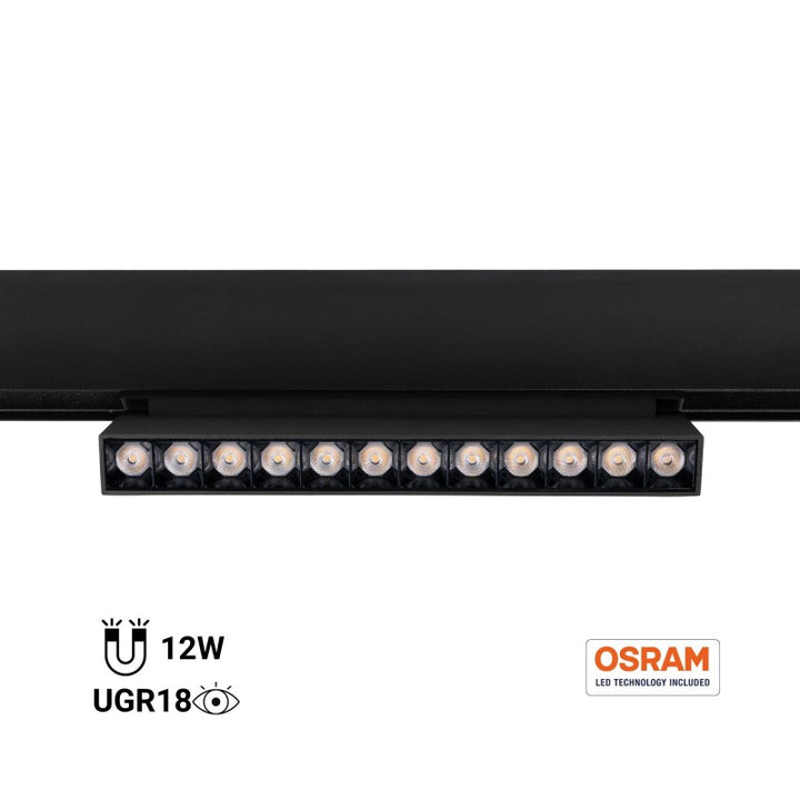 Spot LED linéaire orientable sur rail magnétique 48V- 12W - 4000K - Puce OSRAM - UGR18 - Noir