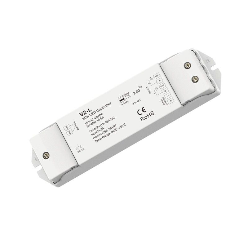 Controlador de intensidad CCT 12-48 V CC - 16 A (8 A/canal) - RF 2,4 G - Regulador PUSH - Skydance