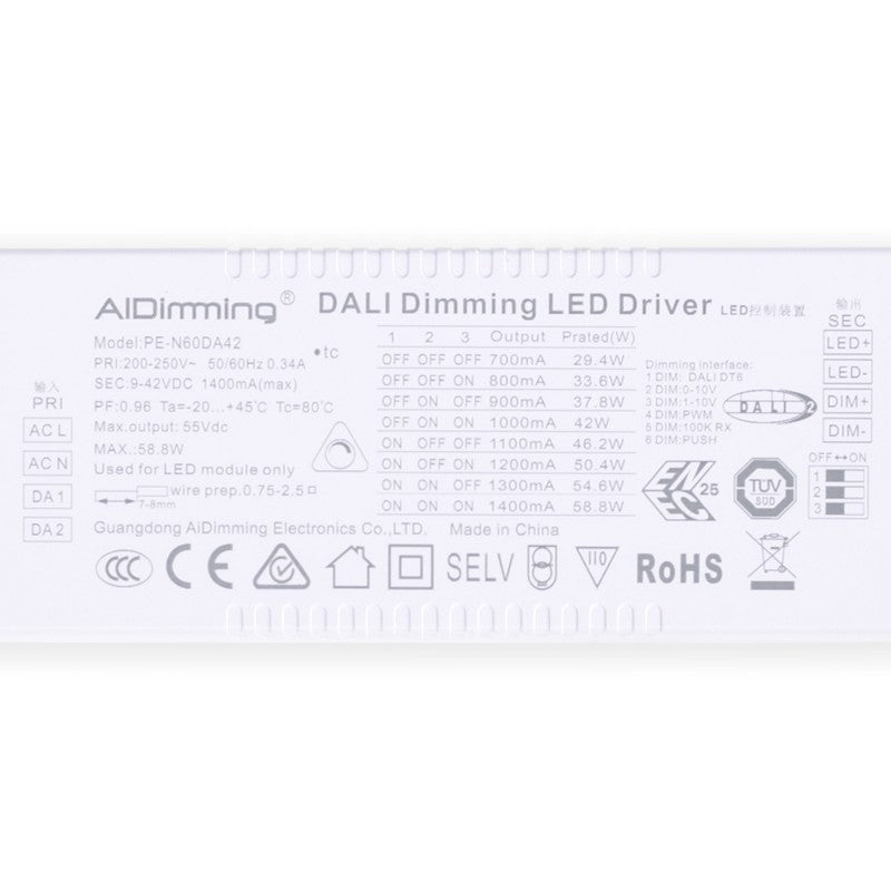 Driver dimmable par DALI + 1/0-10V + PUSH - 9-42V DC - 58W - Courant multiple (700-1400mA)