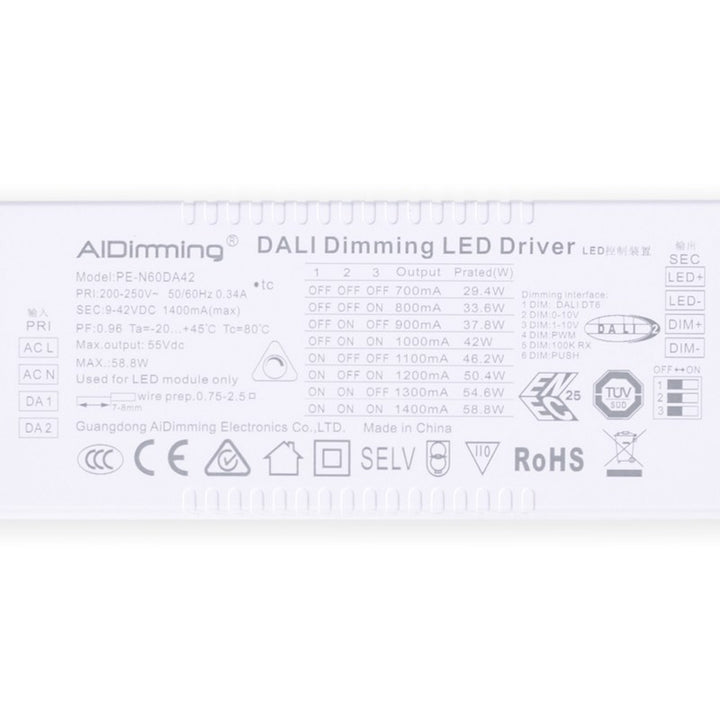 Driver regulable DALI + 1/0-10V + PUSH - 9-42V DC - 58W - Corriente múltiple (700-1400mA)