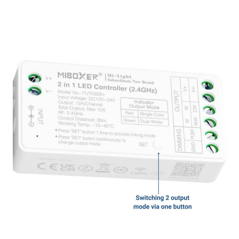 Contrôleur ruban LED 2 en 1 - Monochrome et CCT - 12/24V DC - 2.4G - MiBoxer - FUT035S+