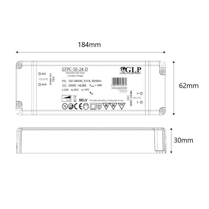 Fuente de alimentación LED de voltaje constante regulable por triac de 50 W y 24 V