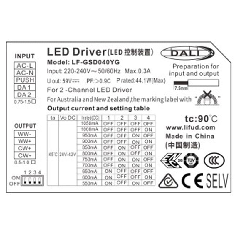 Controlador DALI multicorriente regulable de 40 W y 550-1050 mA CCT +